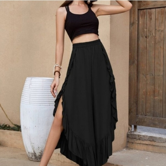 Ruffle Hem Wide Leg Pants black - Picture 3 of 8